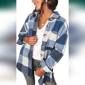 Womens Long Sleeve Plaid Shirts Flannel Lapel Button Down Shacket Jacket Coats